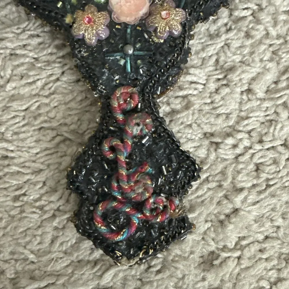 Vintage Beaded hand mirror with fairy mushroom and floral patterns